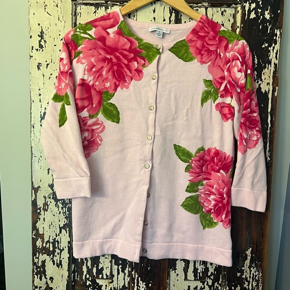 Isaac Mizrahi Live women’s pink Floral Button Down Cardigan. Size Small